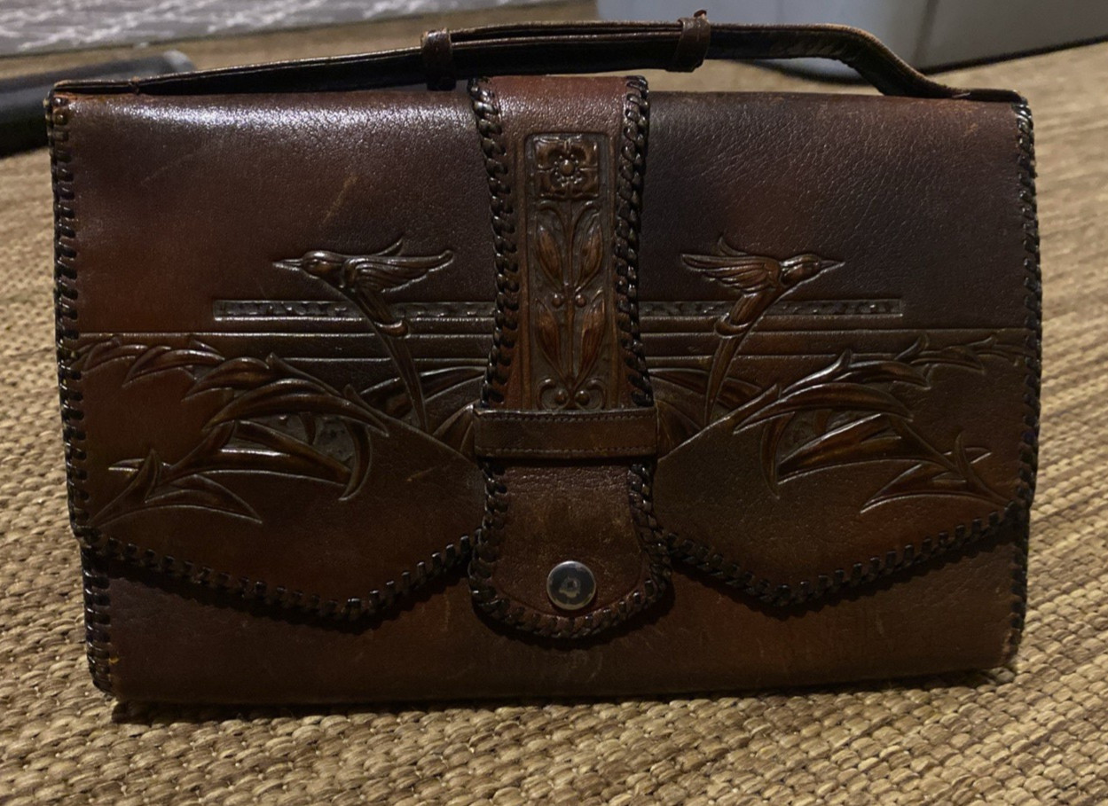 Leather Vintage Travel Case, tooled, handcrafted, adjustable handle, satchel