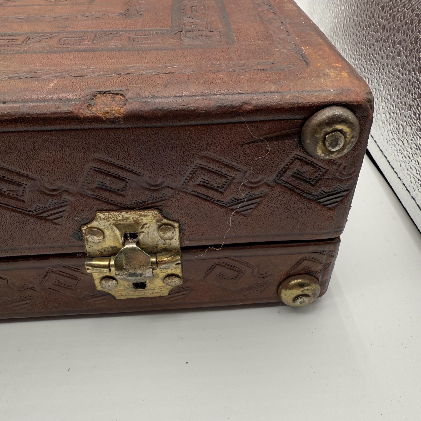 Vintage Tooled Leather Briefcase Aztec Calendar Design Large 18 Inch Suitcase