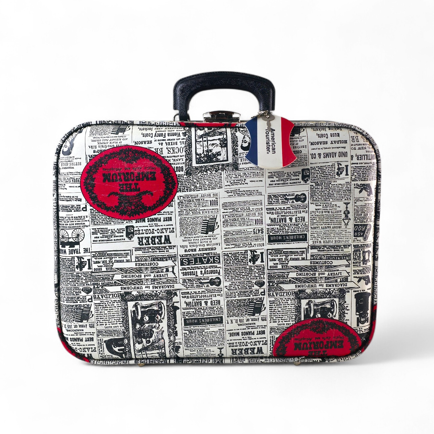 Vintage American Tourister “The Emporium” Newsprint Suitcase – Retro Hard Shell