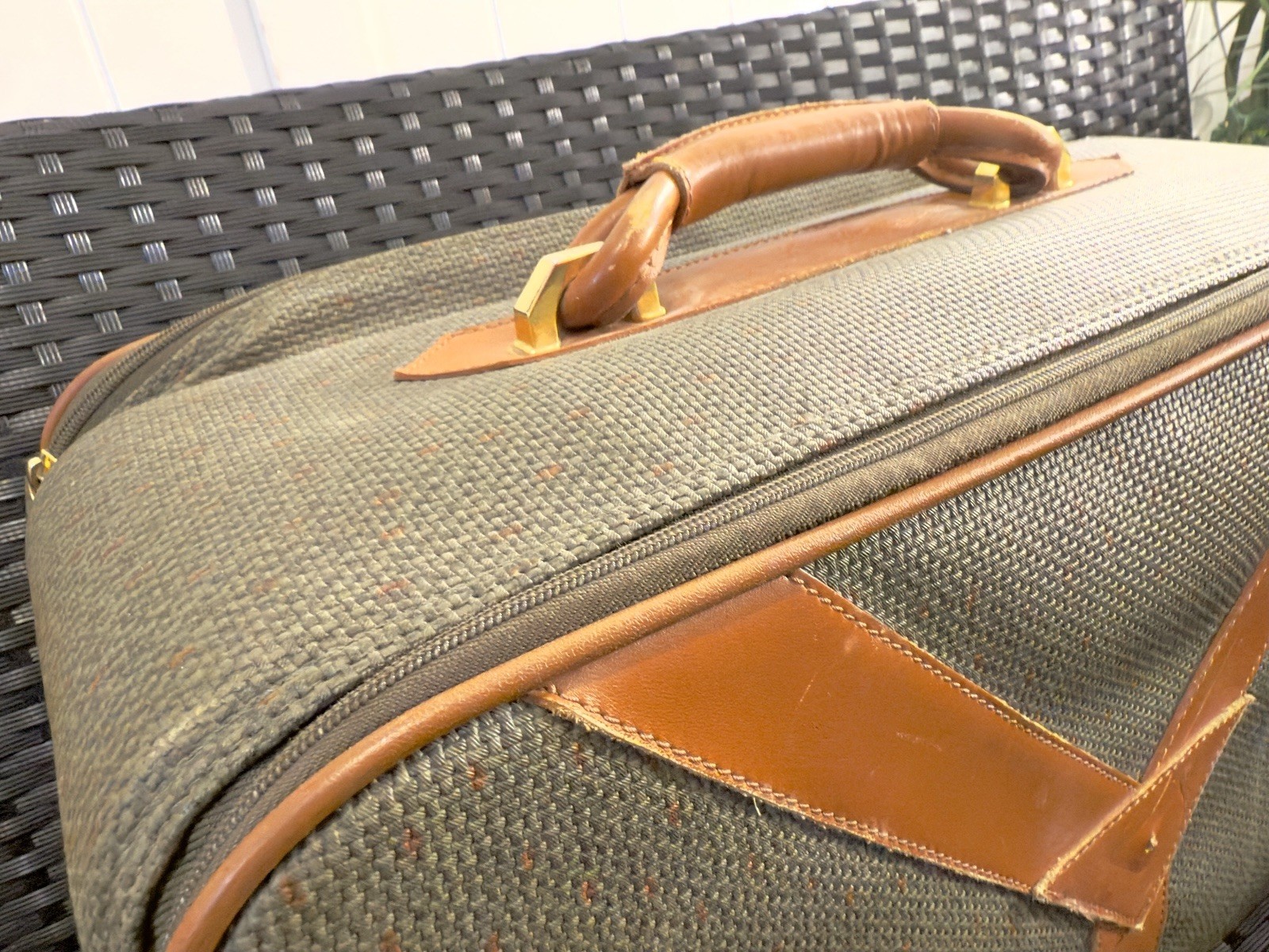 Vintage 1970s YSL Yves Saint Laurent Canvas Suitcase Olive Tan Leather Bag 19 in