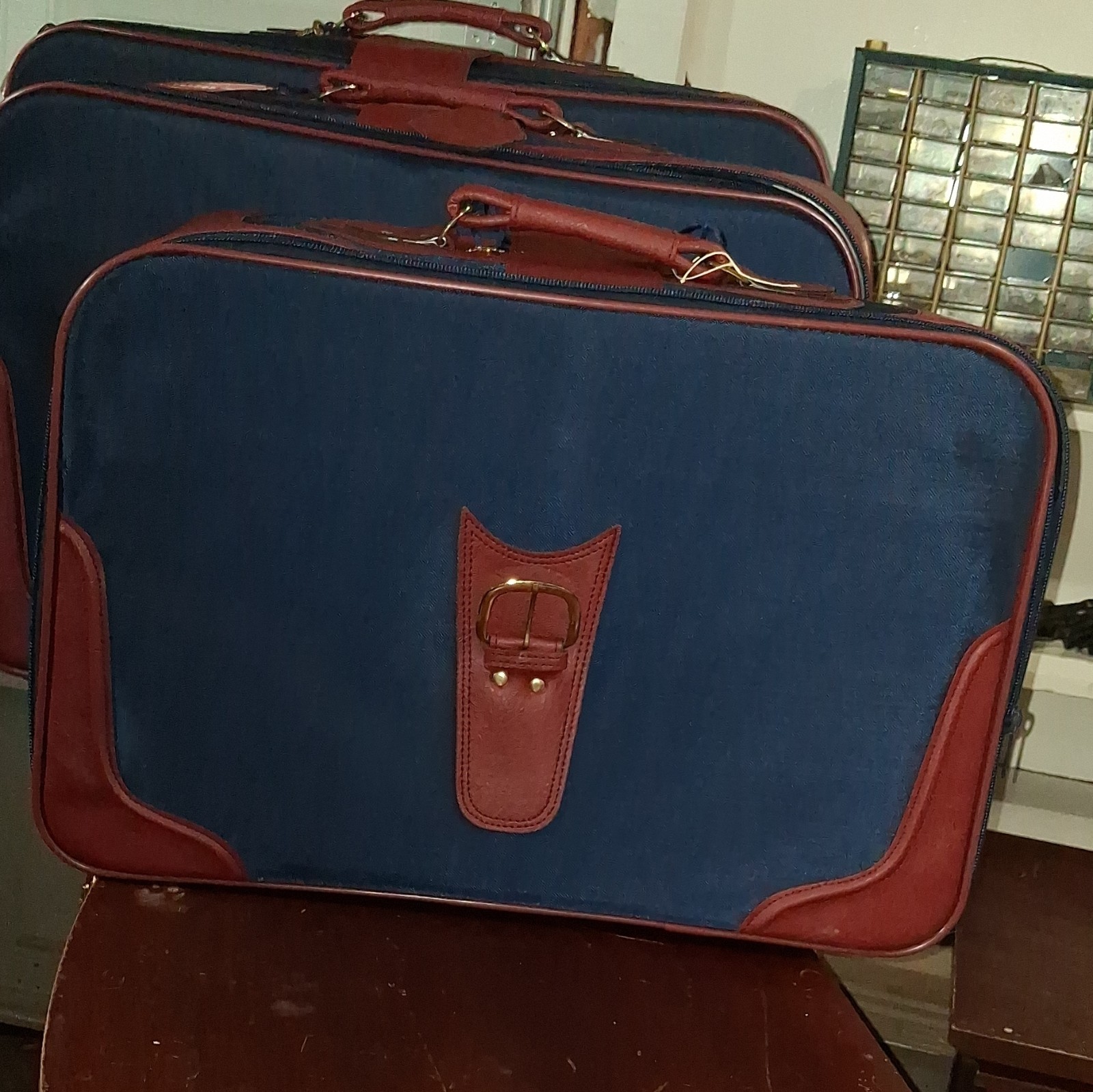 Universal Traveler Vintage Luggage Set Blue Brown Nylon Soft Case Lightweight
