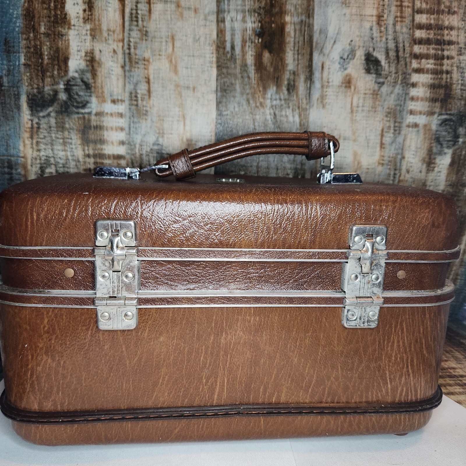 Airway Train Case Luggage Hard Shell Brown Mirror Vintage NO Key As Is Decor