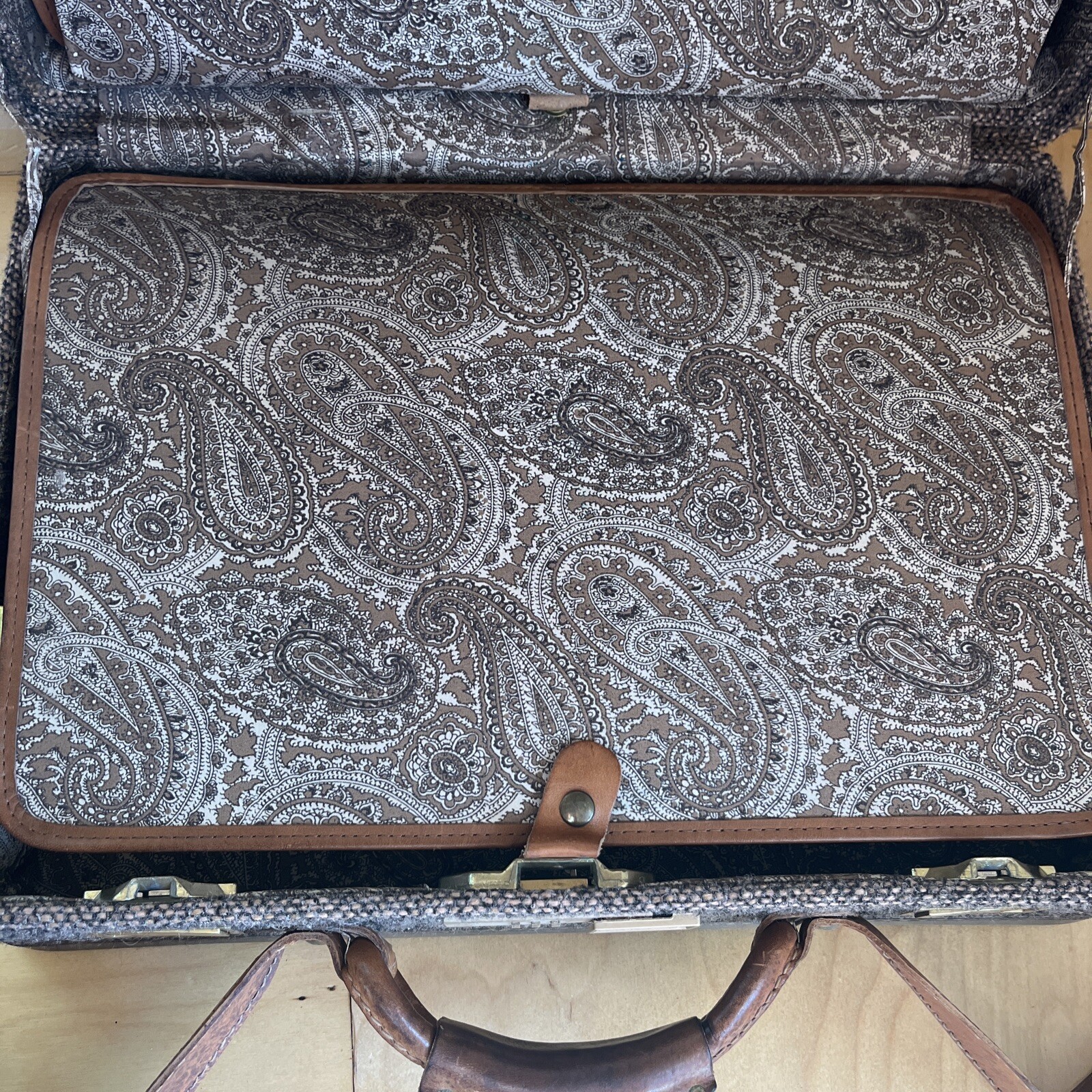 Vintage Tweed Hartman Briefcase Overnight Bag Leather Handle Lock Divider