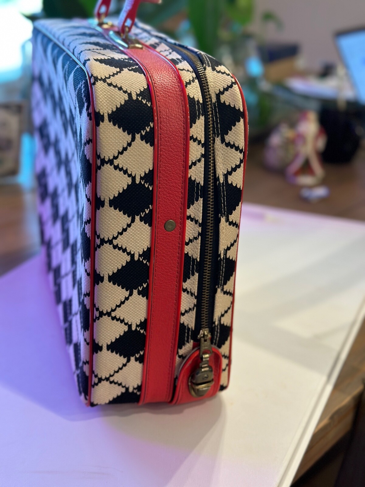 So VINTAGE and Super RETRO Traveling case Black, white pattern with RED accents!