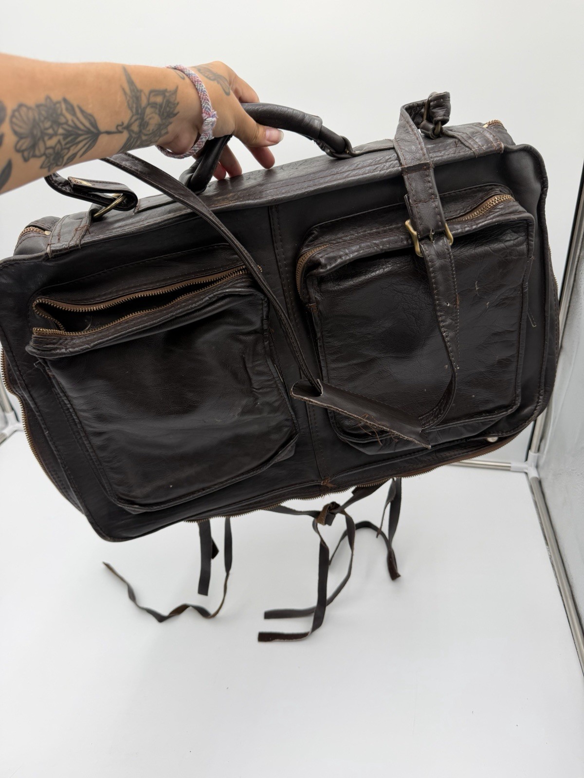 Vintage Genuine Leather Garment Bag Brown Foldable Travel Suit Carrier Colombia