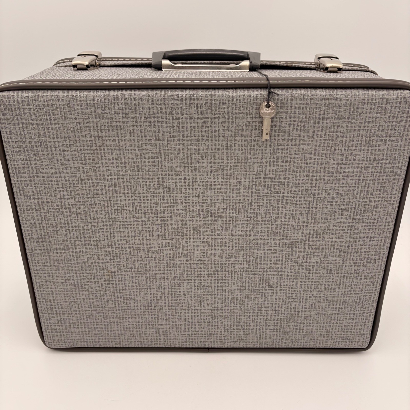 Vtg Grey Textured Hard Shell Suitcase MCM Style Luggage w Keys Made in Norway
