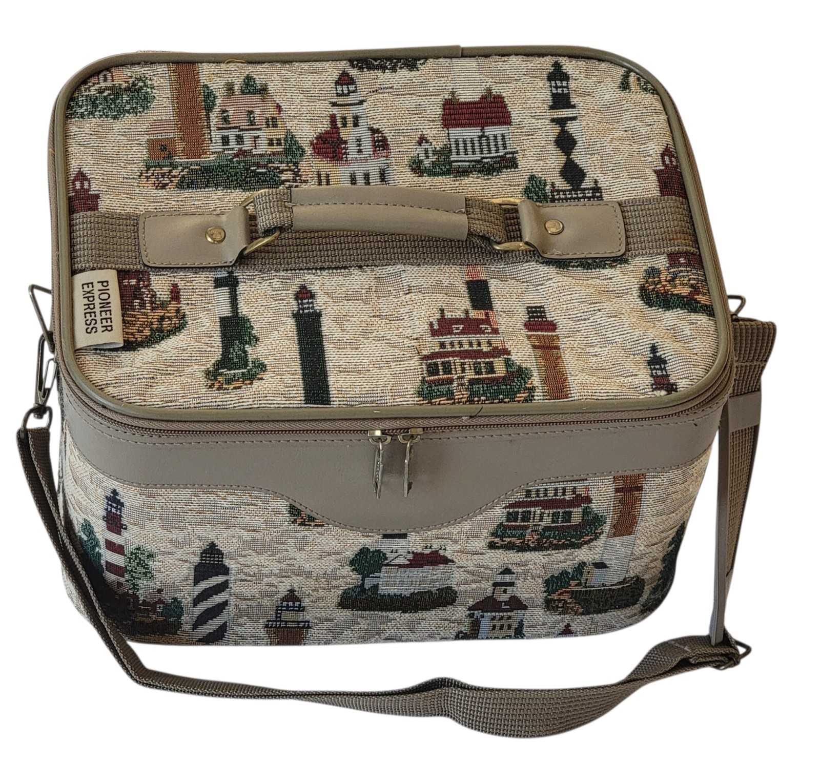VTG Pioneer Express Toiletry Tapestry Case w/ Mirror Coastal Lighthouses Strap