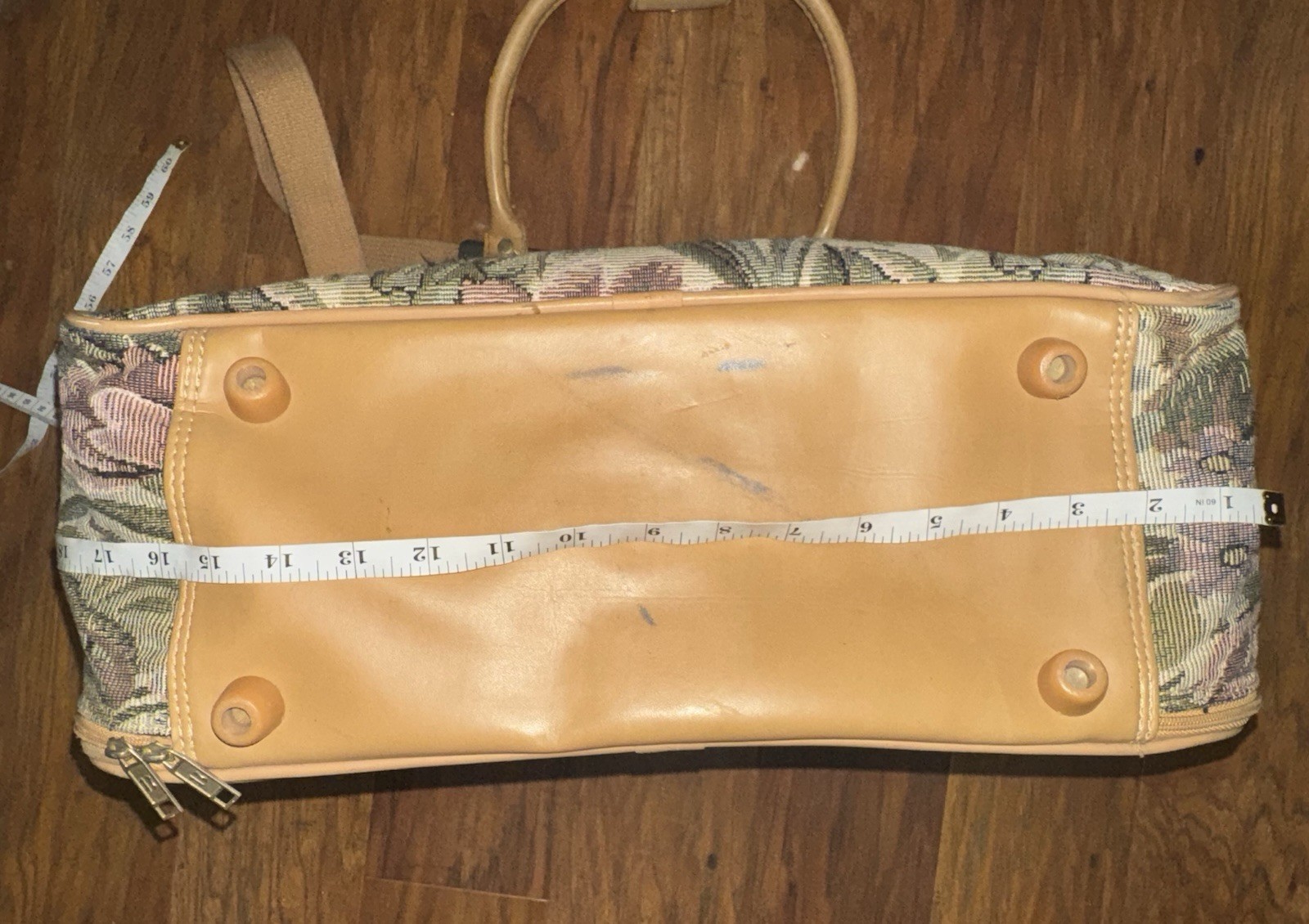 Vintage Floral Tapestry Travel Bag Canvas & Faux Leather Beige