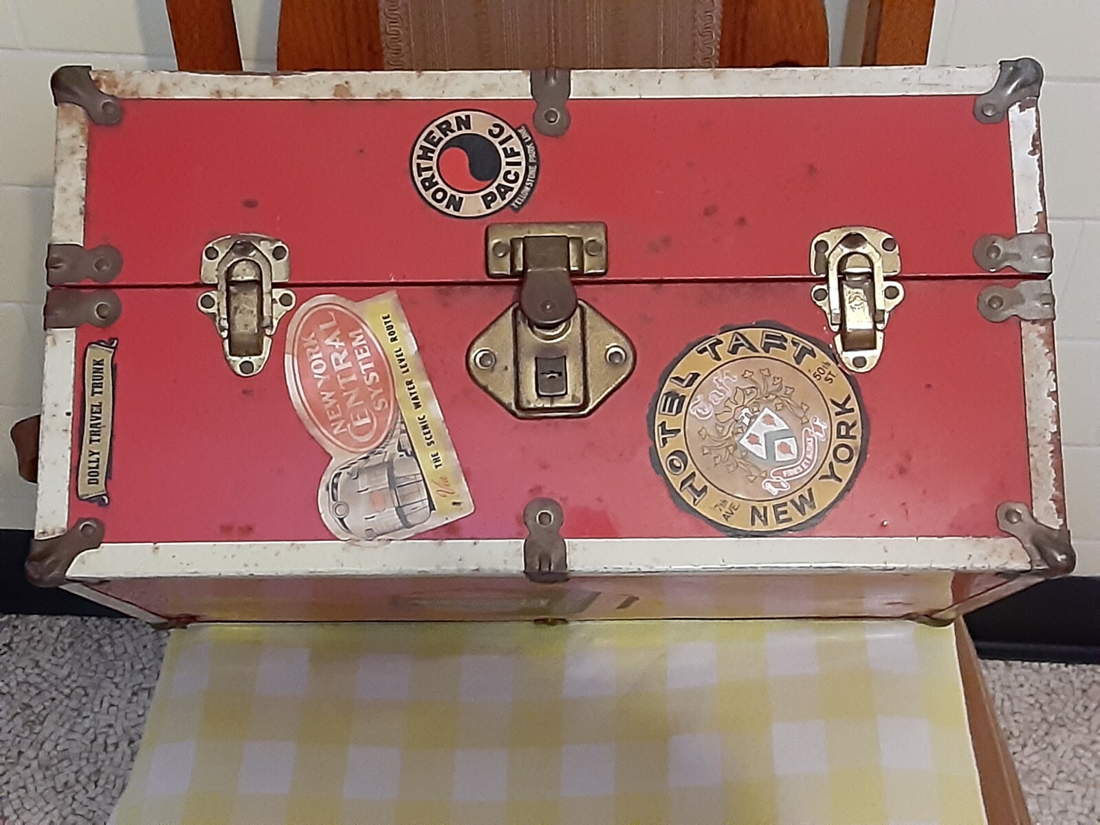 Vintage *DOLLY Travel Trunk* Railroad-Hotel-Airplane Travel Stickers Leather…