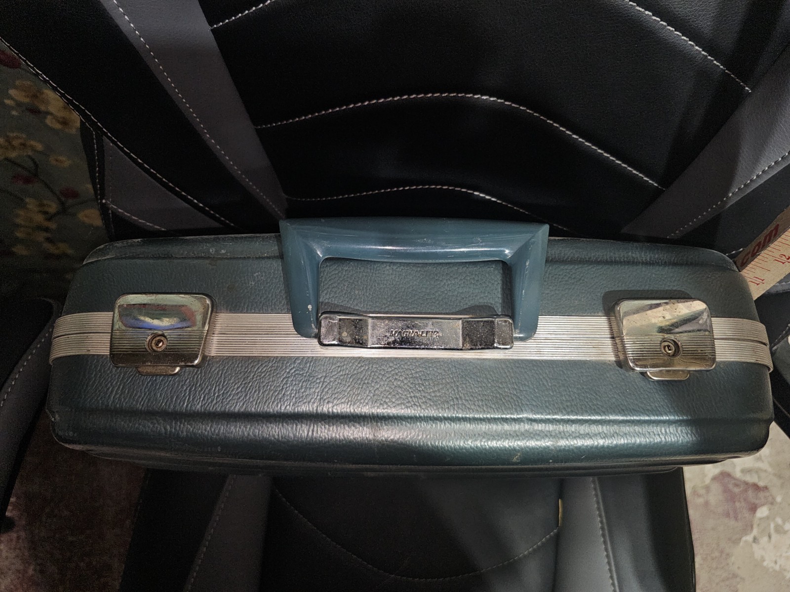 vintage Magnalite green hardcover overnight suitcase, lined with key.