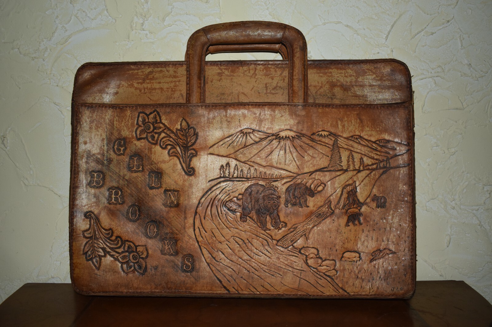 Authentic Original Hand Tooled Briefcase Brookline Farm Scene And Wildlife Scene