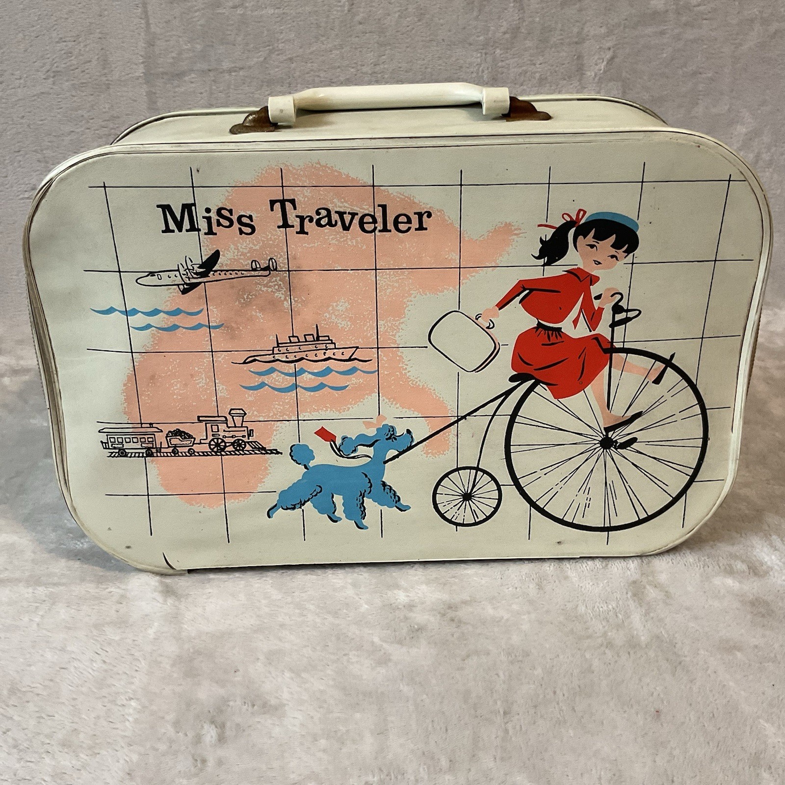 Vtg Suitcase Miss Traveler 1950s Kid Luggage Suitcase Overnight Girl Bike Poodle