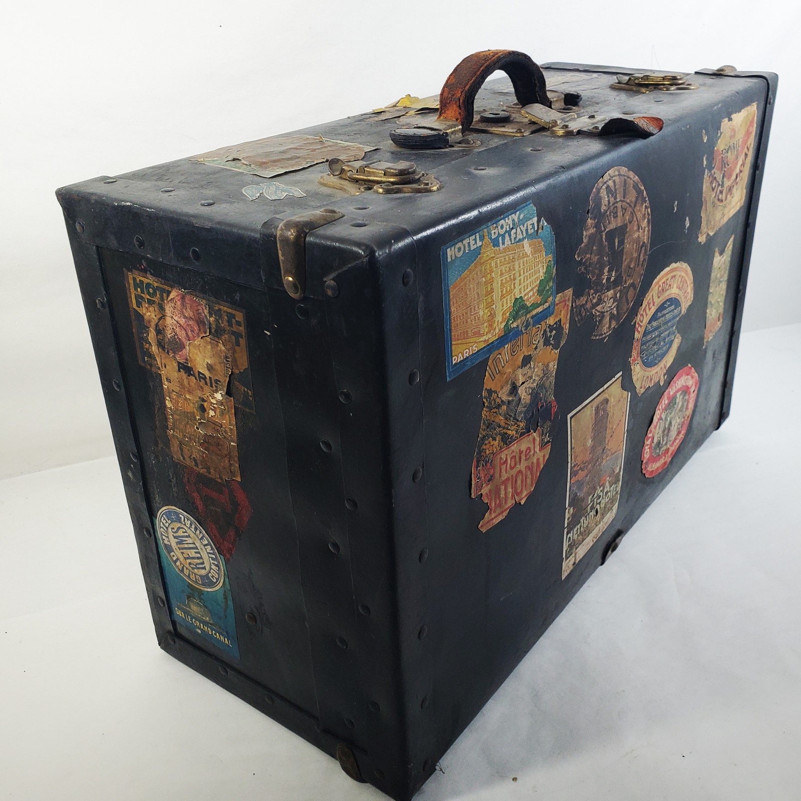 Vintage Warren Leather Goods Co. Wardrobe Trunk Suitcase with Travel Stickers
