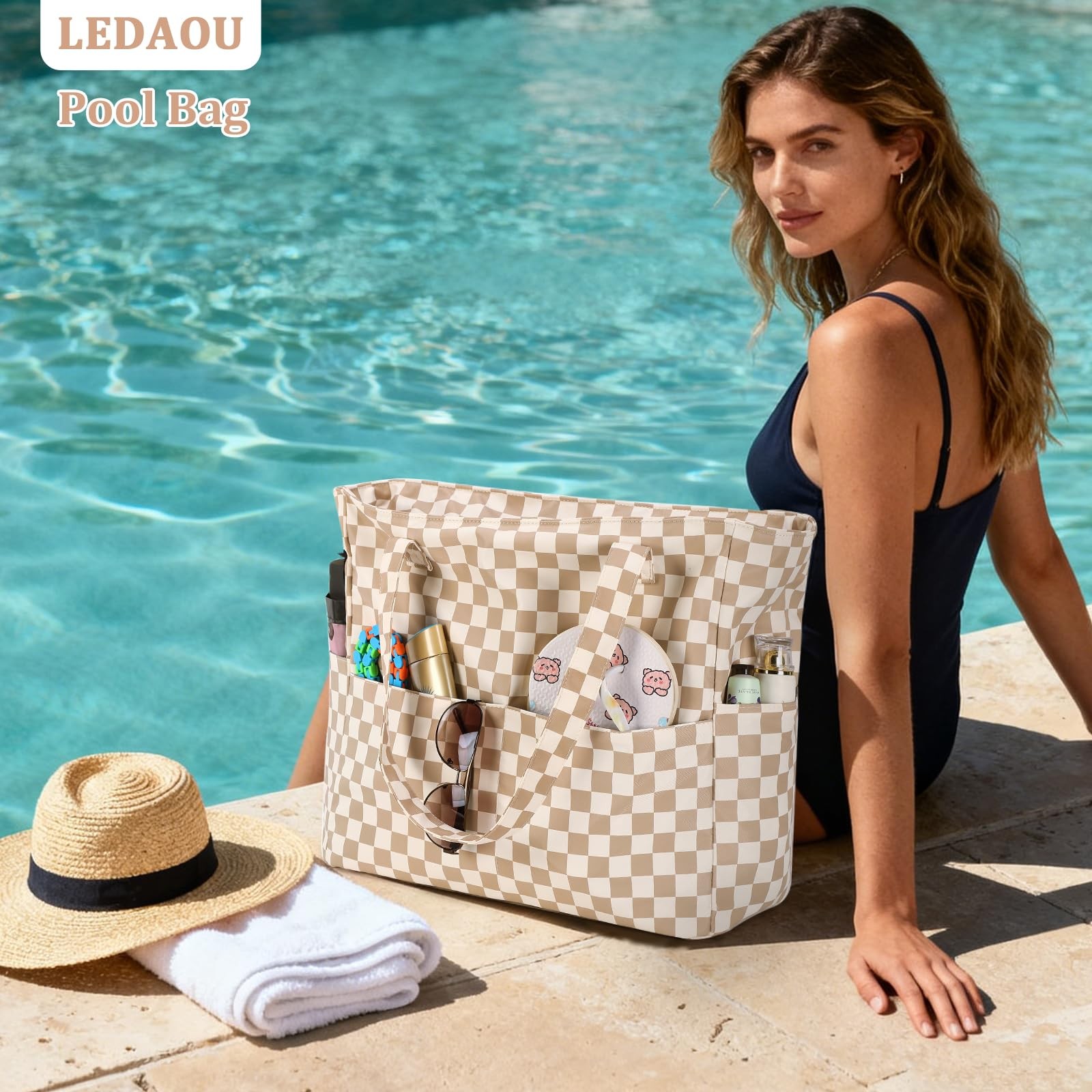 Ledaou Large Beach Tote Bag Women Waterproof Sandproof Zipper Beach Tote Bag