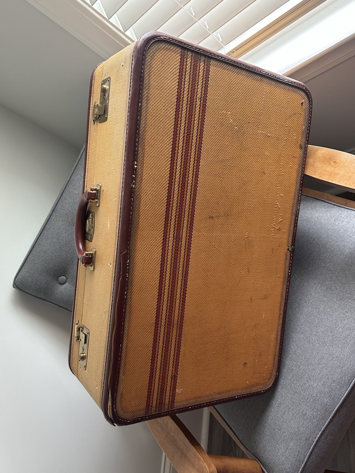 Vintage MCM Jet Age Leather Canvas & Brass Aero Pak PRESTO Modern Suitcase w/Key