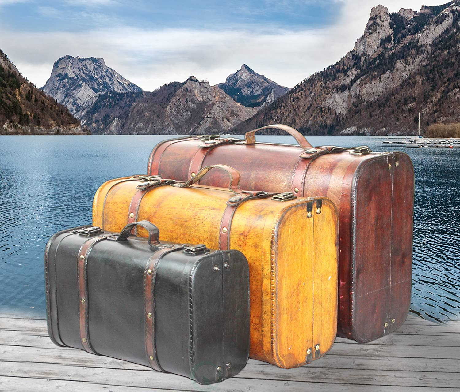 Vintage Decorative Suitcases Luggage Set Antique Trunk Storage Chest Box 3 PCS