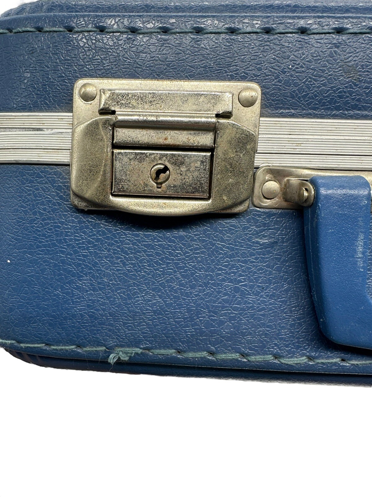 Vintage Blue Go Go Child’s Suitcase Hardside Going to Grandmas Rainbow Pencil