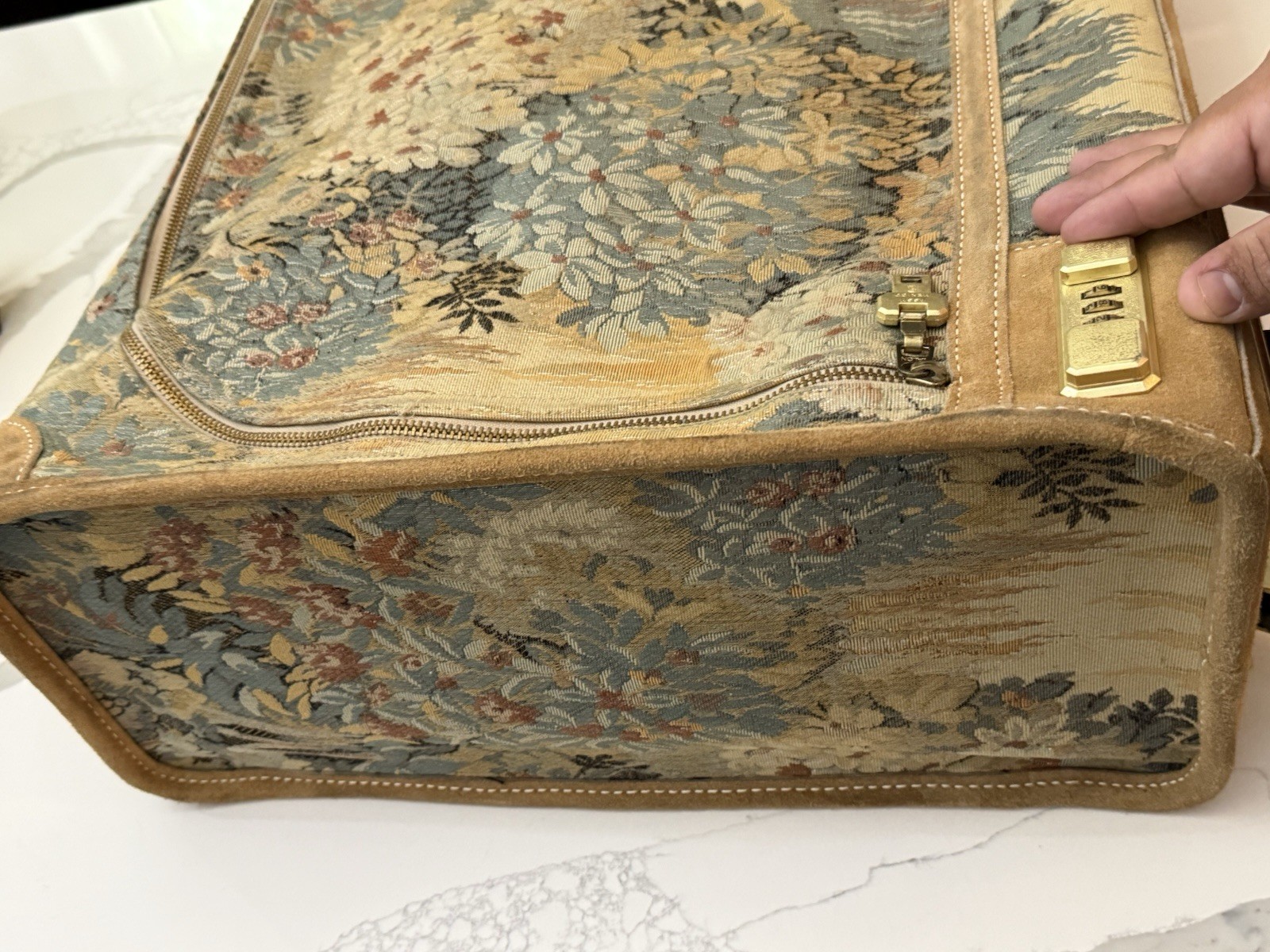 Vintage French Luggage Company Paradise Suede Tapestry suitcase Made in USA