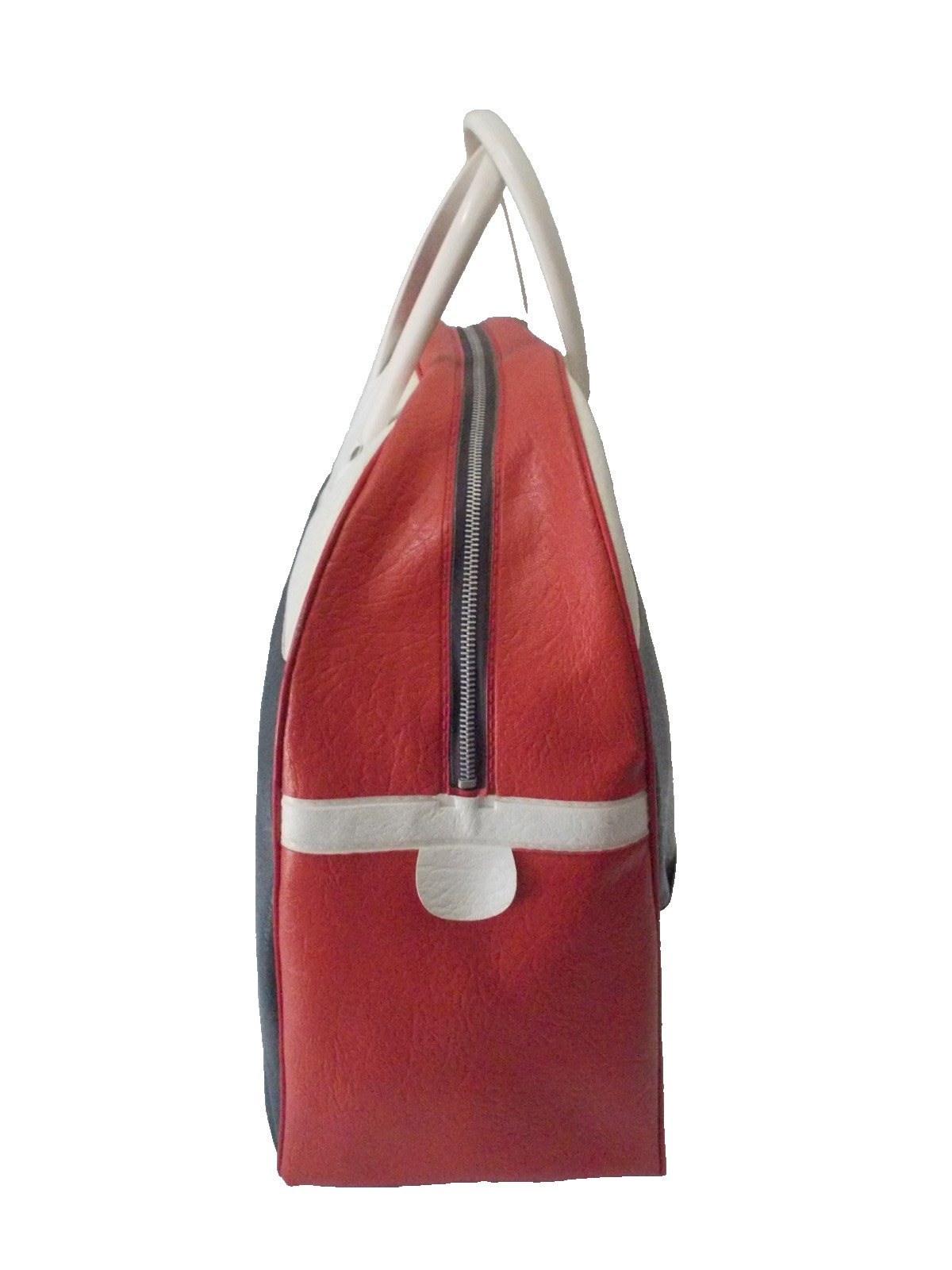 VTG 1960’s Red White Blue LARGE Faux Leather Zip Top Handle Travel Bag Luggage