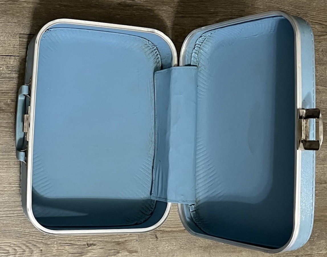 Vintage 1970’s Blue Suitcase Hard Vinyl Vanity Case Travel Visiting Grandma