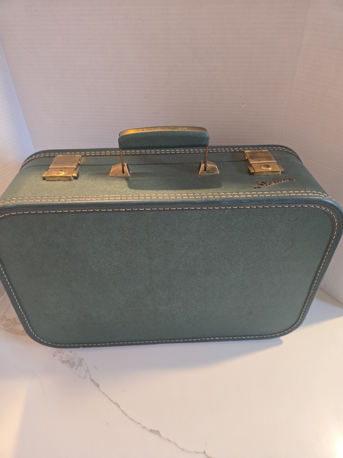 Vintage Lady Baltimore Green Hardside Suitcase W/Brass Fittings, 17×11.5 X 6.6