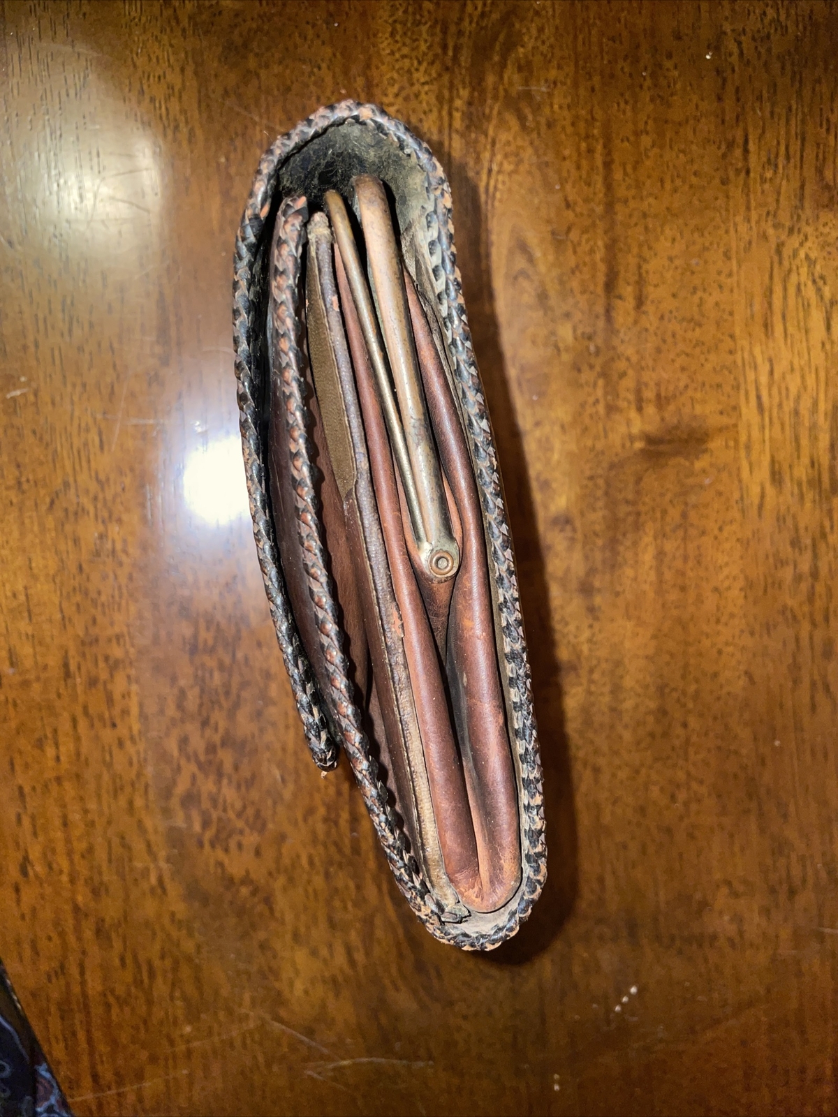Rare TEXAS ANTIQUE RH JOHN TRUNK Co Leather Cosmetic Travel Bag 6”x5.75”