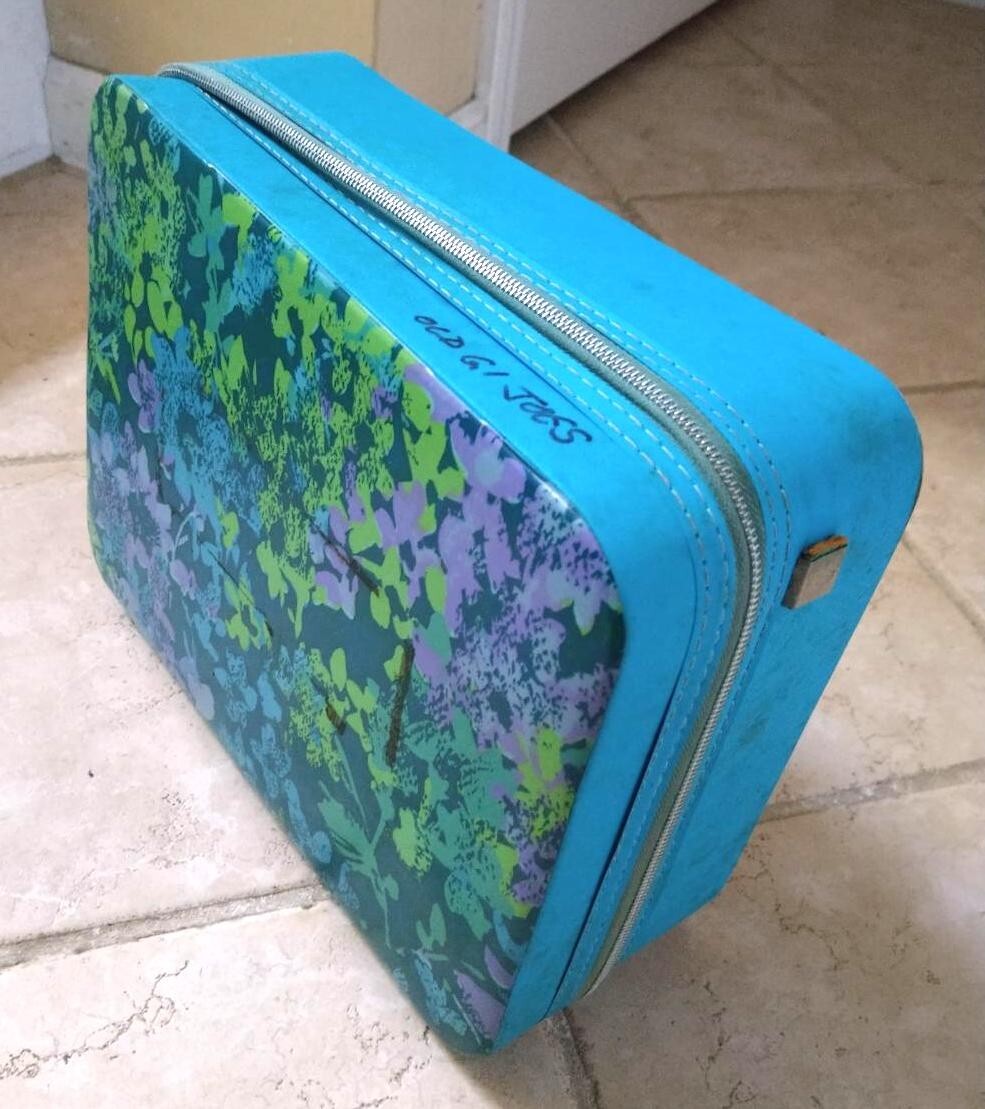 Vintage 1960s Small Floral Print Vinyl Travel Carry Hard Case Blue Green Purple