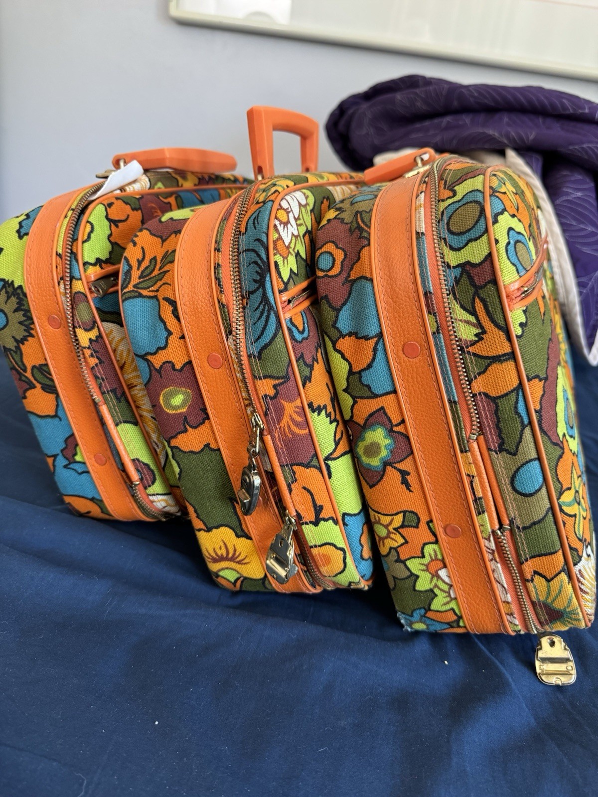 Vintage Flower Power Suitcases (3) Orange Travel Baggage