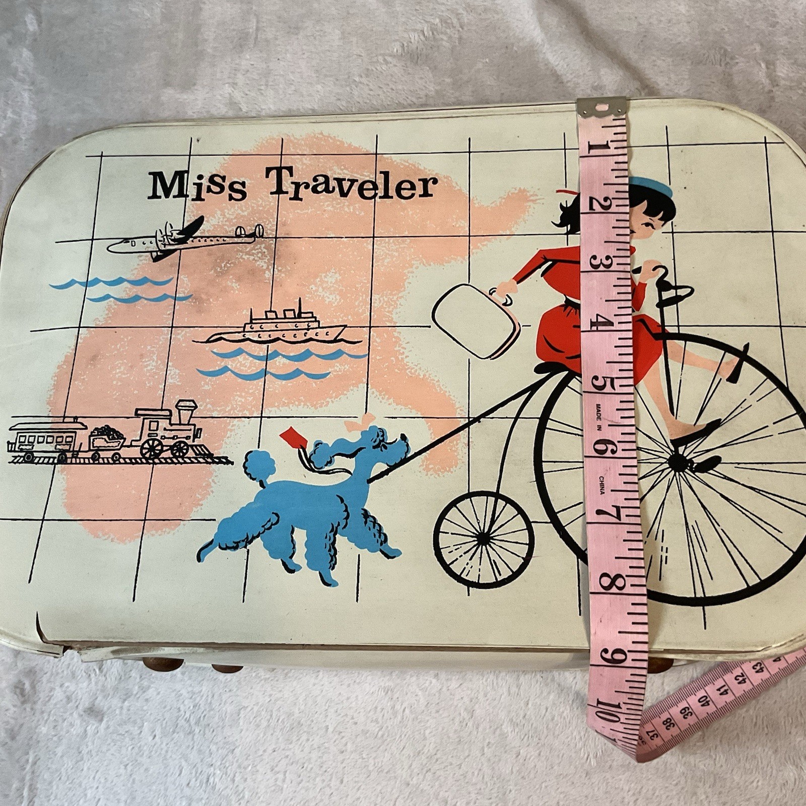 Vtg Suitcase Miss Traveler 1950s Kid Luggage Suitcase Overnight Girl Bike Poodle