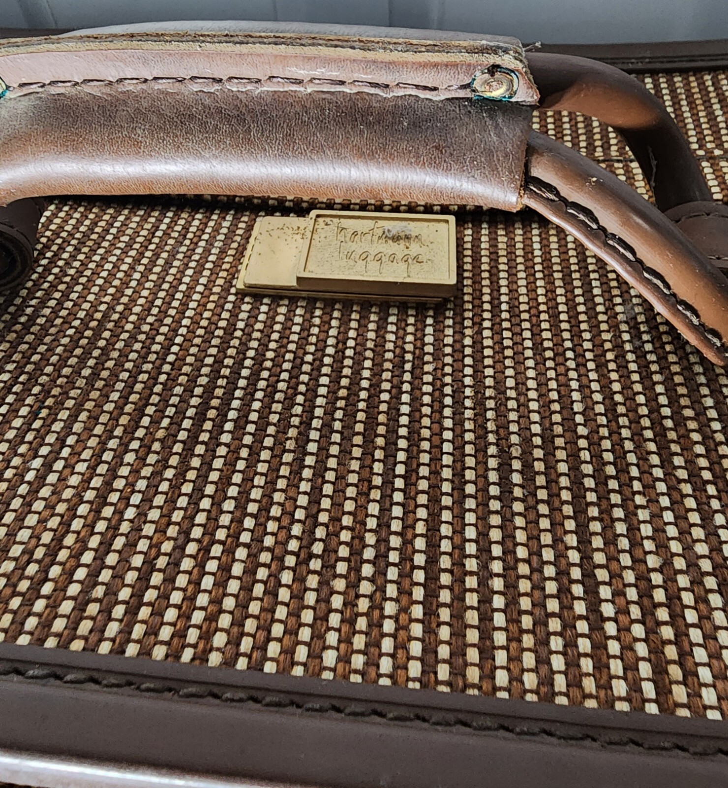 Vintage Retro HARTMANN Leather Brown Tweed Suitcase Luggage Travel Bag Belted
