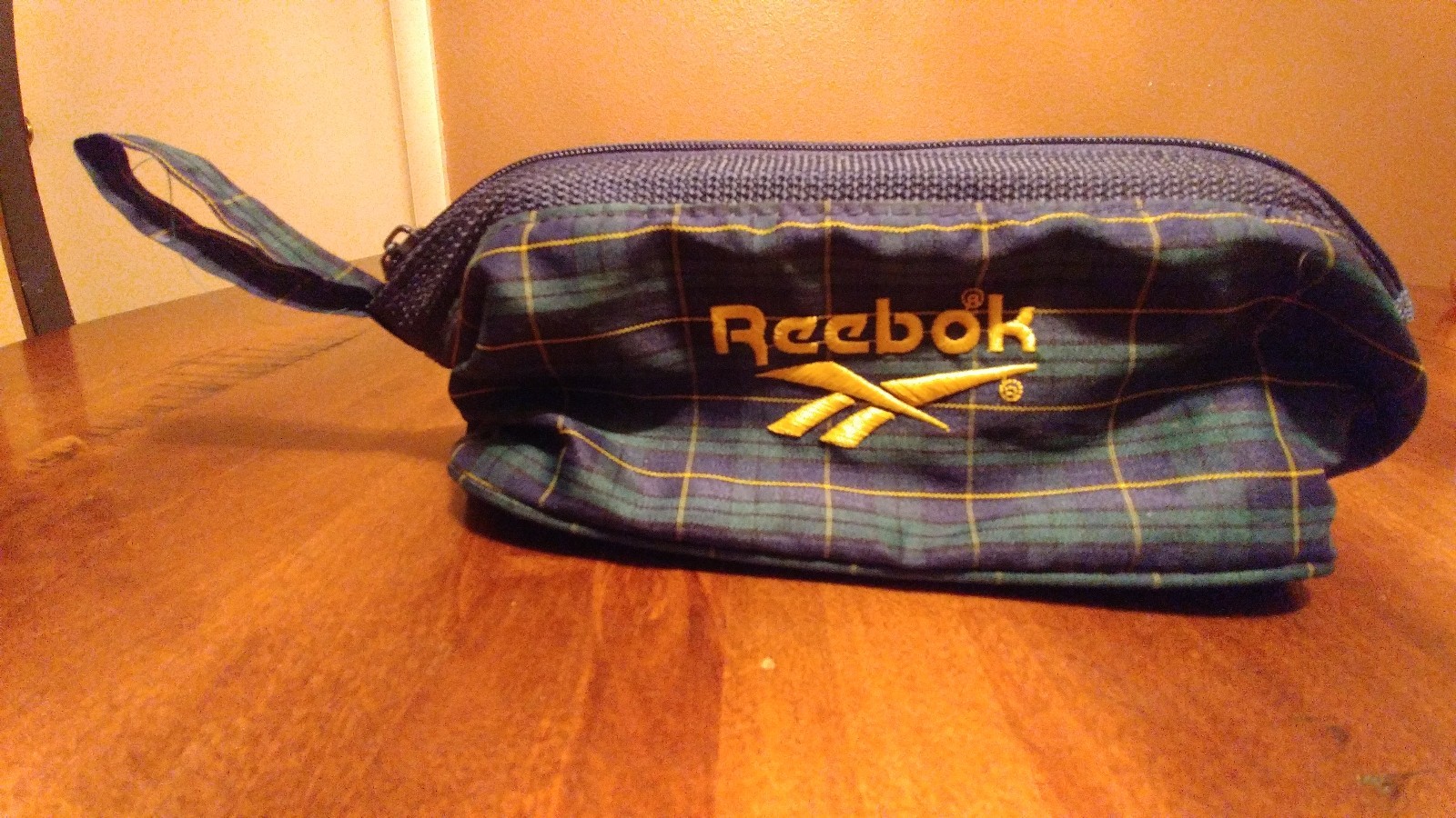 Vintage Reebok Green and Navy Blue Plaid Toiletry Bag