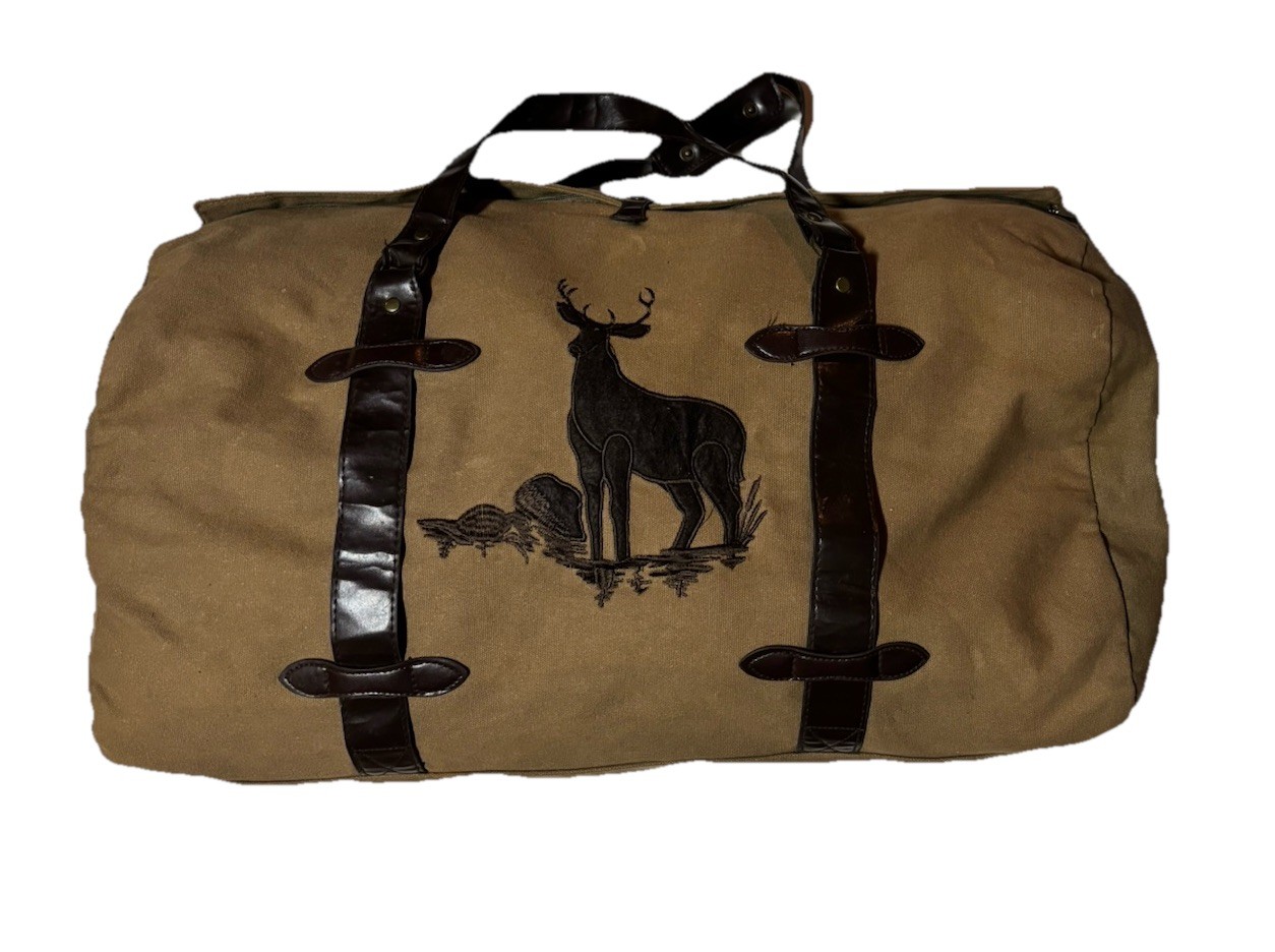 Vintage Canvas Duffle Bag Moose Bear Embroidery Lodge Cabin Weekender Carry On￼