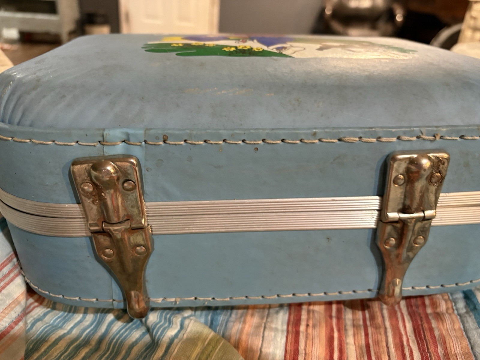 Vtg./ Retro “ Going To Grandma’s” Hard Shell Child Suitcase Blue