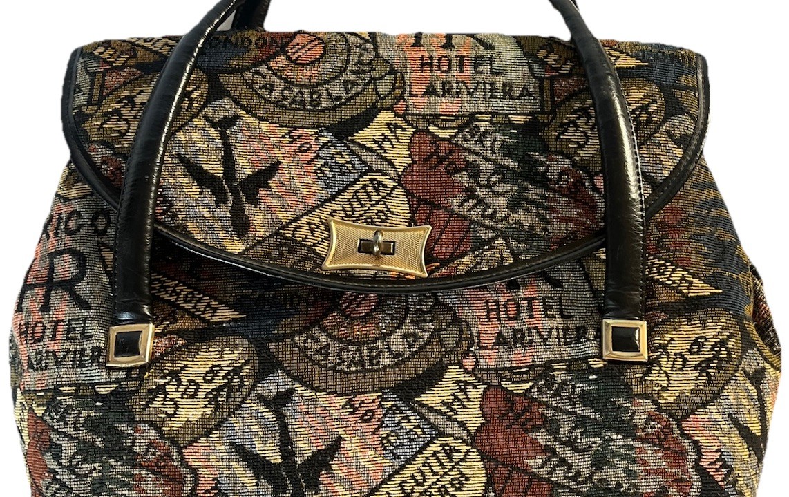 Vintage Tapestry Worldly Traveler Luggage Tote Bag EUC