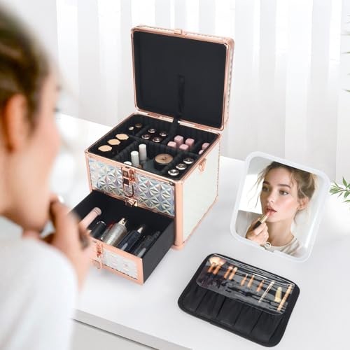 Makeup Case with Drawer, Detachable Lighted LED Mirror, Travel Sparkling White