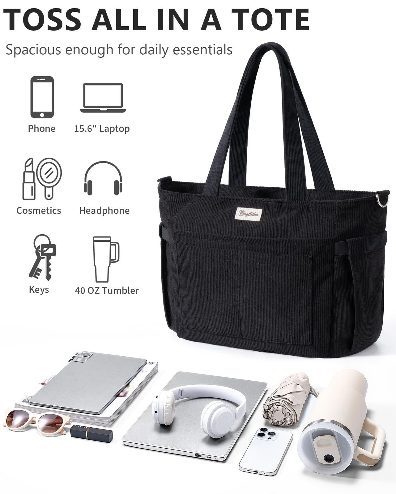 Bagstellar Corduroy Tote Bag For Women 17 Pockets Laptop Work Tote Bag