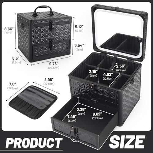 Makeup Case with Drawer, Detachable Lighted LED Mirror, Travel Sparkling Black