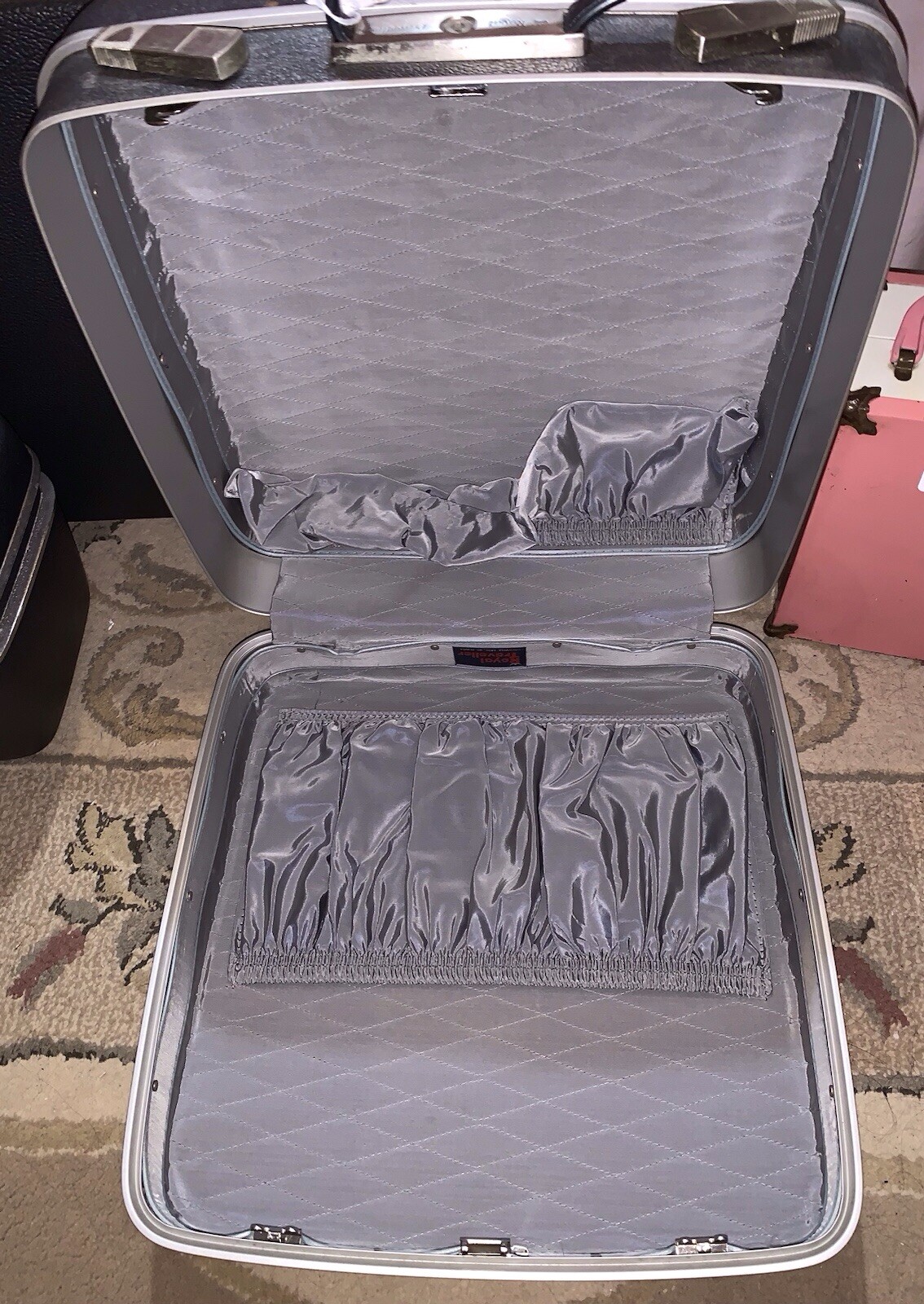 Vntg 1960s 3 pc Luggage set blue hard shell Cases Train Case Square Wrist Strap