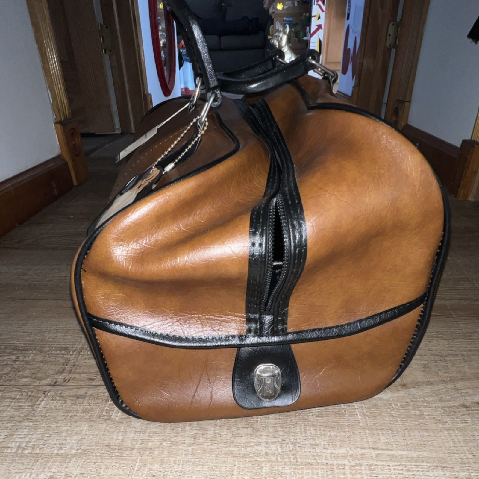 Atlantic Brown & Black Faux Leather Duffle Holdall 1980s Locking Compartment