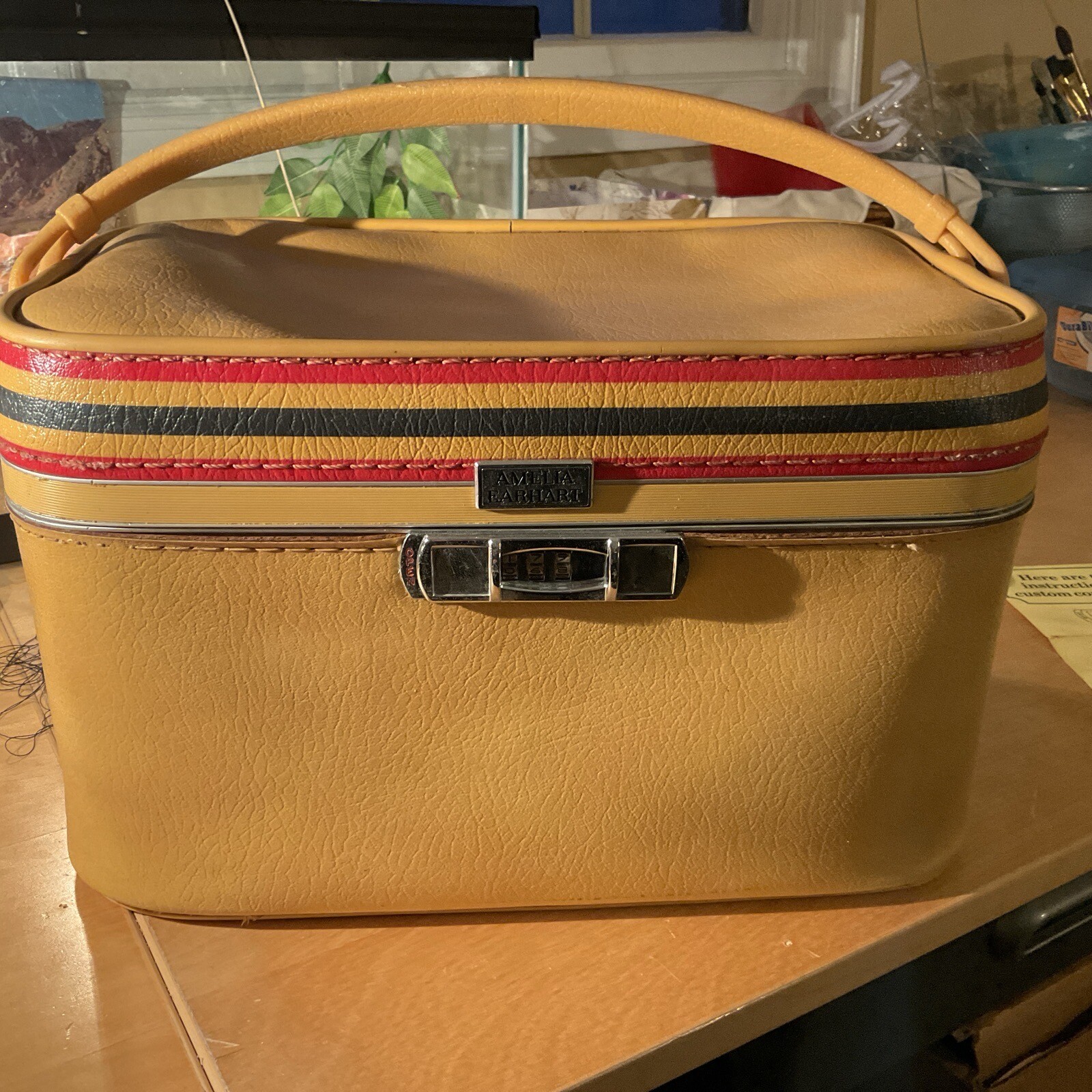 Vintage Amelia Earhart Train Case Make Up Bag Mustard w/ Custom Combination Lock