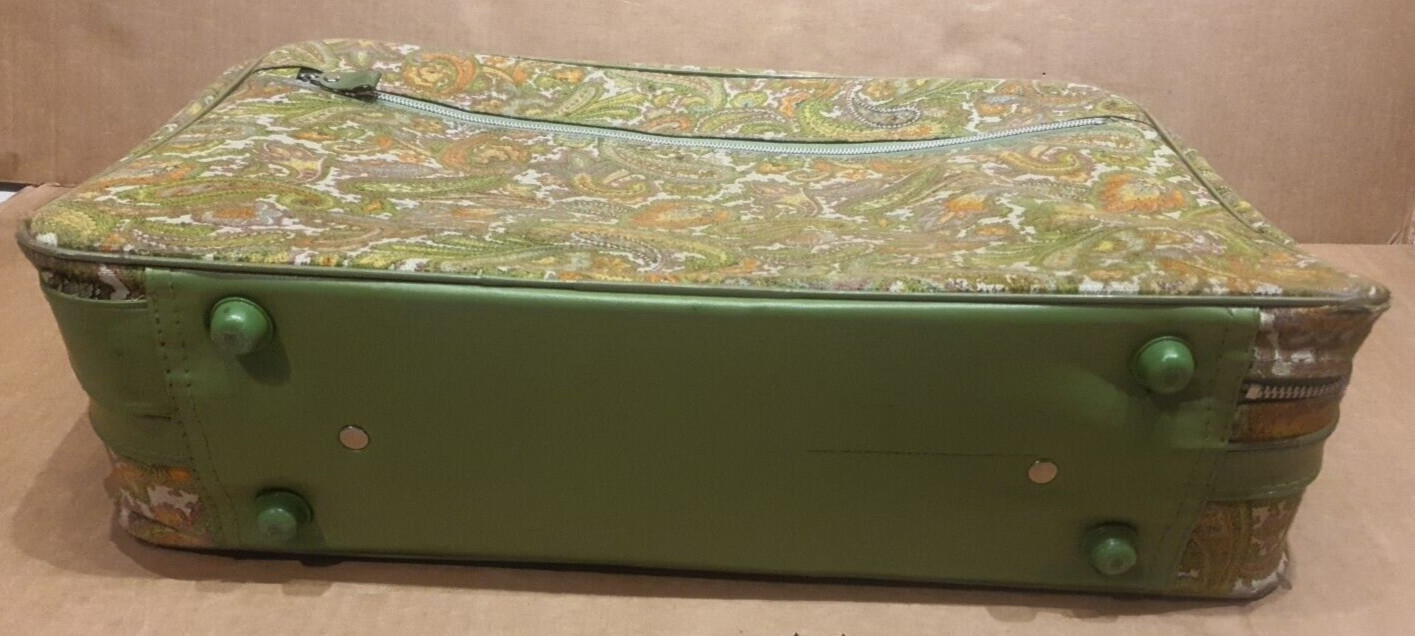 GENUINE – 1960’s K Line Suitcase Luggage Paisley Green Orange Canvas – BEAUTIFUL