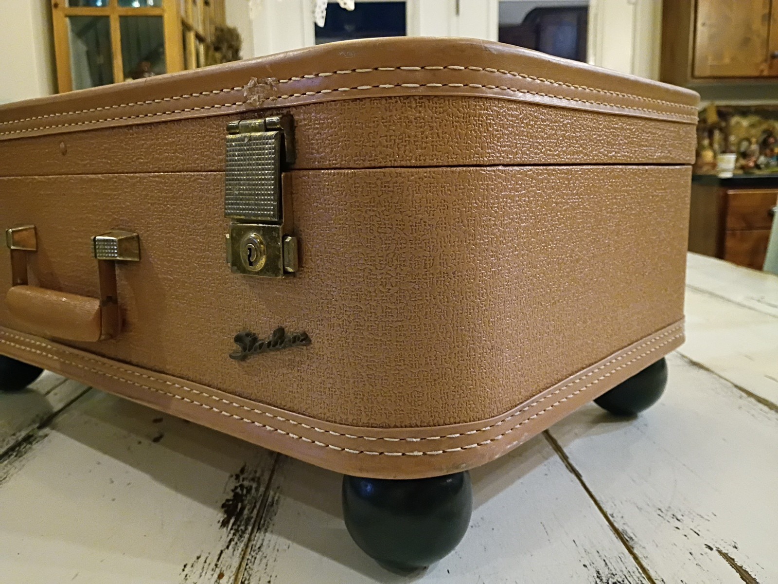 Vintage STARLINE SUITCASE 1950-60s End Table Soho Hippie Coral Tan Farmhouse