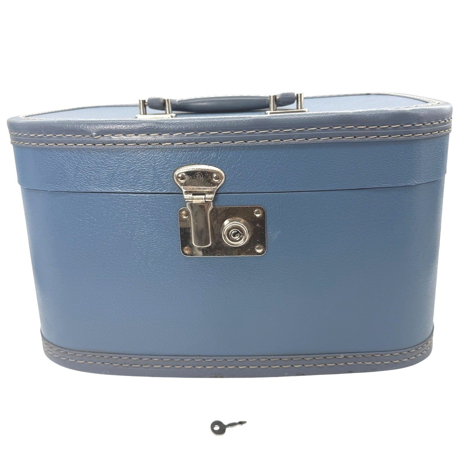 Vintage Blue Hard Shell Train Case Travel Vanity Makeup Box Mirror Retro Glam