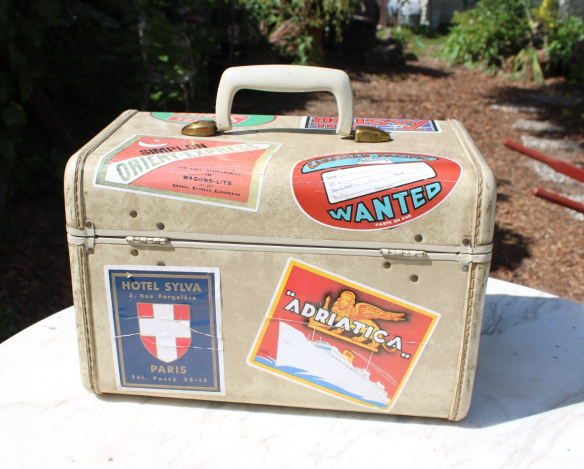 Samsonite Train Case 1950s Paris European Travel Stickers Marbled Beige
