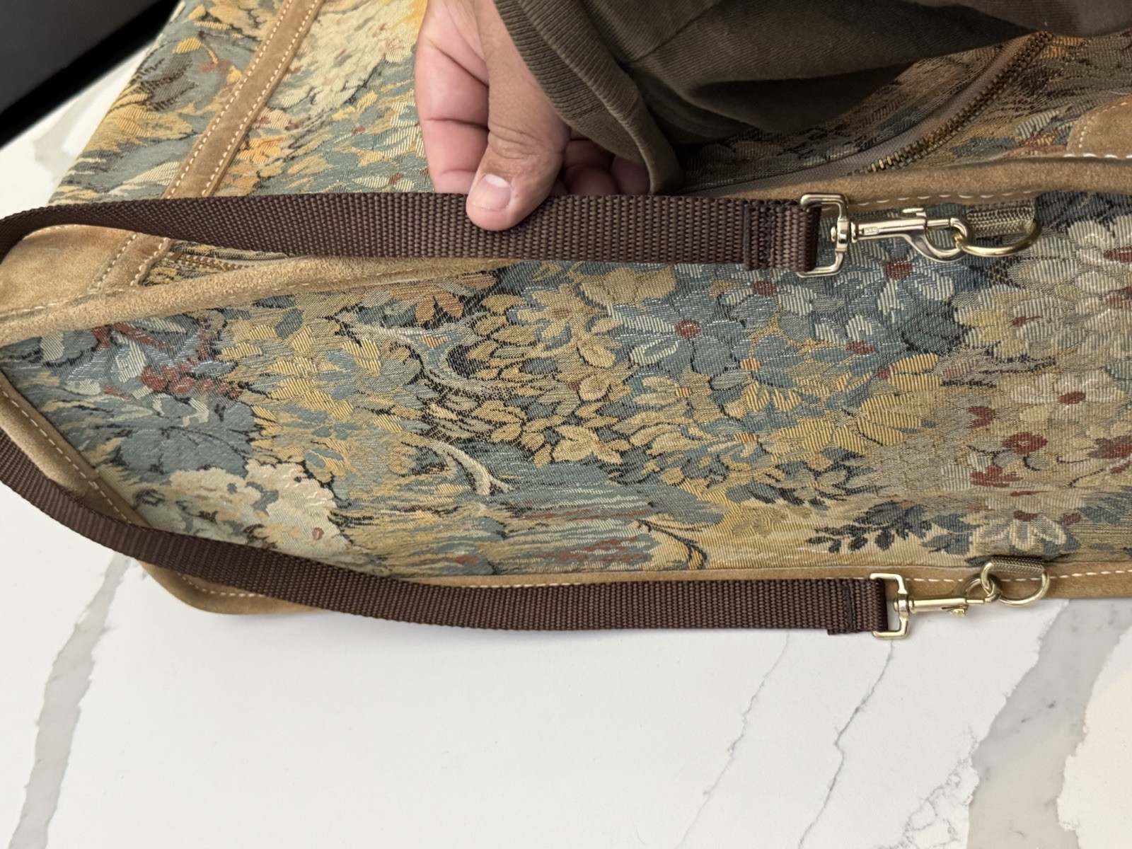 Vintage French Luggage Company Paradise Suede Tapestry suitcase Made in USA