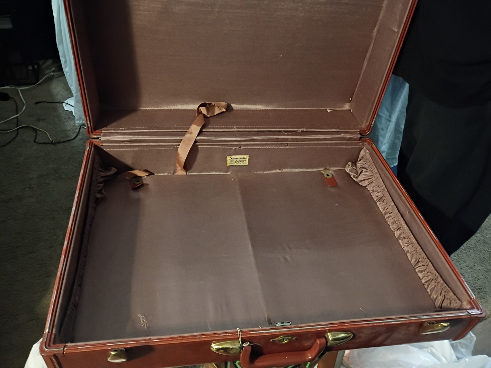 Vintage Brown Leather Hard Suitcase with Locking and Tie-Down Straps