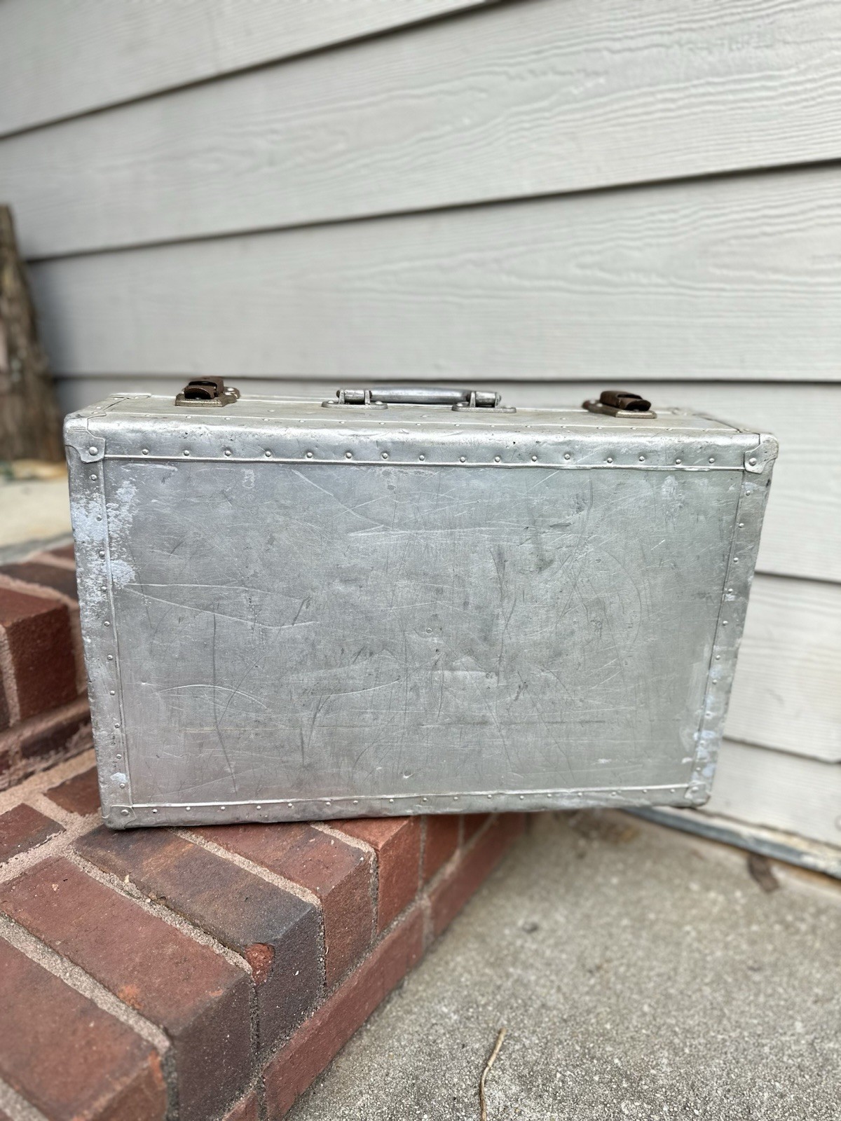 Vintage Machine Age Industrial Riveted Aluminum Travel Suitcase From 1930-1960