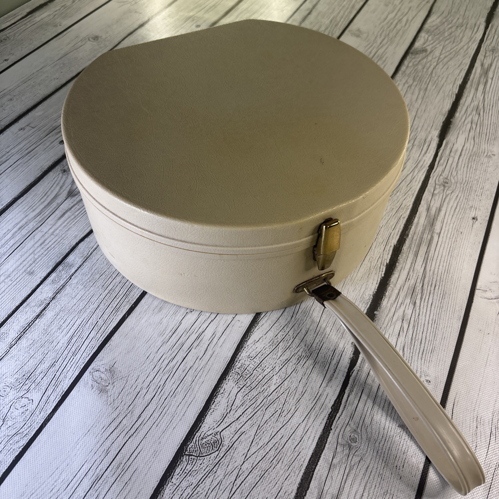 Vintage 1960s Plastic Fashion Two-Twenty Cream Cosmetic Train Case with Tray.