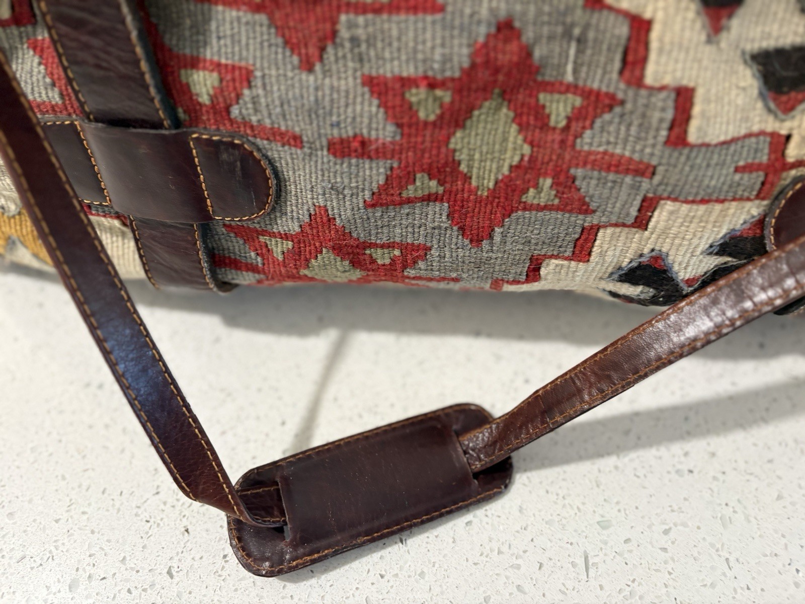 Vintage Leather & Kilim Carry On Travel Weekender Luggage Carpet Bag Overnight