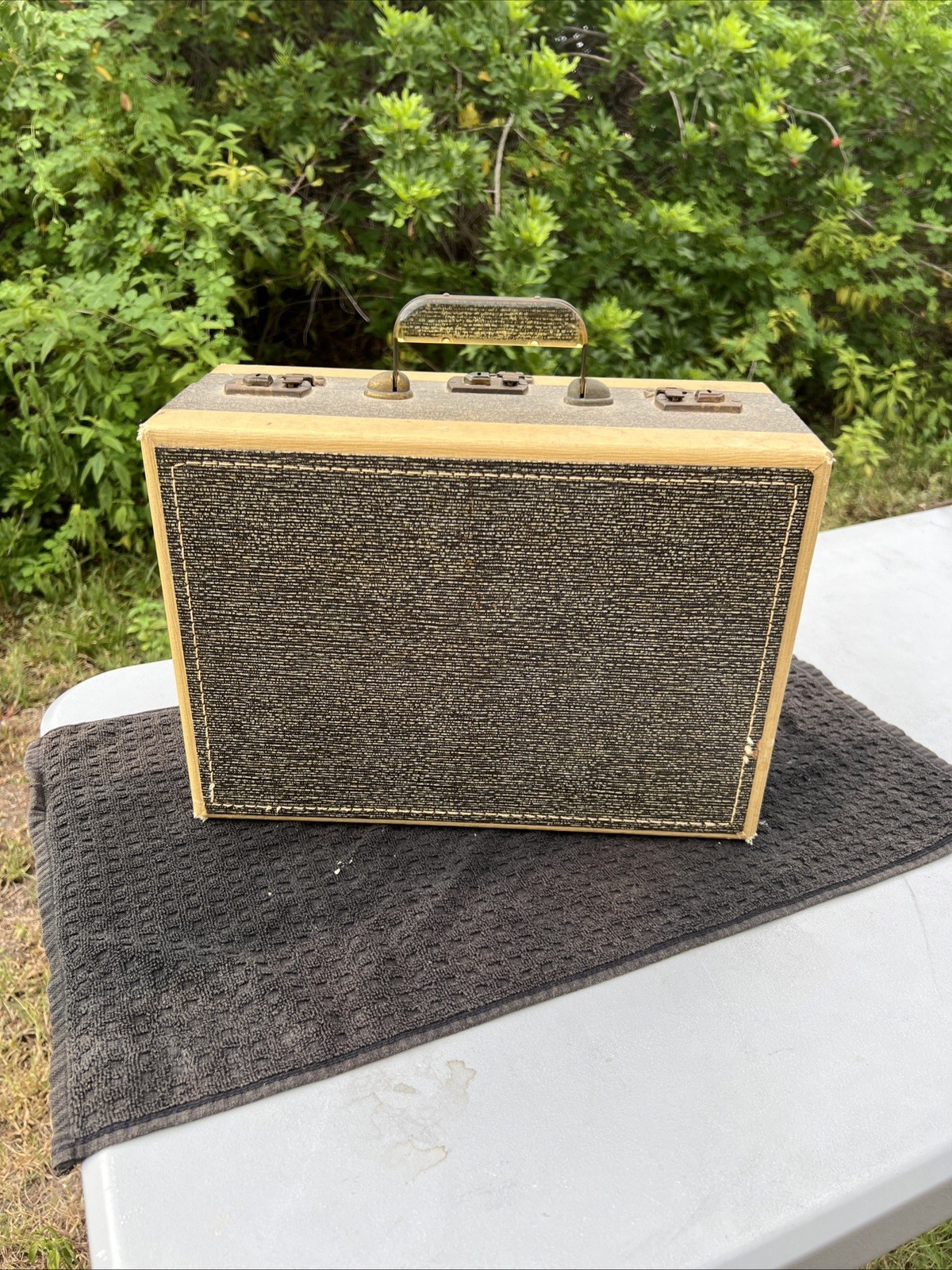 VTG-1940’s-1950’s-tweed Suitcase w Leather Trim-BAKALITE🤩 Handle WITH KEYS!🔐